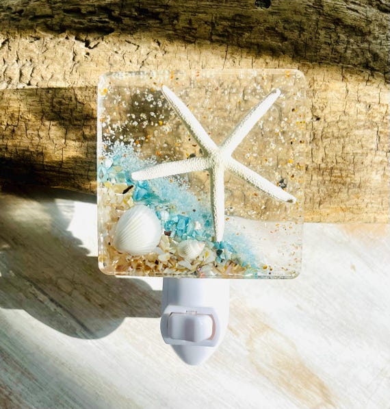 Coastal Resin Night Light With Starfish, Sand, Shells - Great For The Beach Lover, Beach House, Shore House, Baby's Nursery, Beach Baby