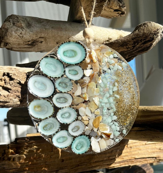 Coastal Wave Sun Catcher Ornament, Resin Shell Ornament, Mother's Day Gift, Crushed Shells, Sand Art, Beachy Christmas, Coastal Christmas,