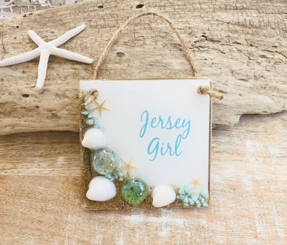 Jersey Girl, Coastal Ornament, Cause Down The Shore Everything's Alright, Aqua, Crushed Glass Resin Art, Starfish Art, Shell Ornament