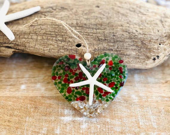 Heart Christmas Ornament: Red and Green Sea Glass, Starfish, Shells, Sand, Beachy Christmas, Coastal, Handmade Ornaments, Tree, Handmade