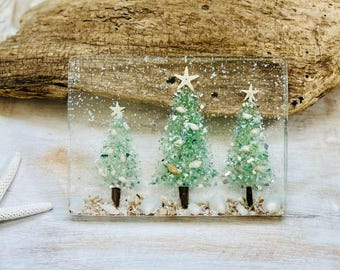 Coastal Christmas Tree Decoration: Aqua Crushed Glass Tree, Starfish, Driftwood, Resin, Beach Glass, Handmade Ornaments, Tree Farm