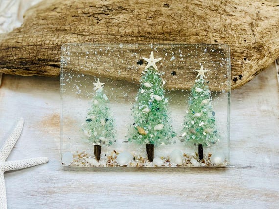 Coastal Christmas Tree Decoration: Aqua Crushed Glass Tree, Starfish, Driftwood, Resin, Holiday Decor, Tree Farm