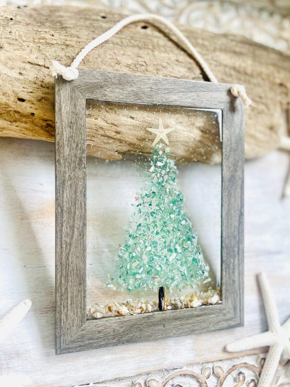 Coastal Aqua Christmas Tree With Glass, Shells, Starfish, Beachy Christmas, Sea, Glass Christmas Ornament, Resin Art, Christmas In July