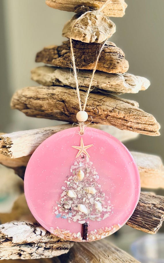 Coastal Christmas Tree Ornament: Silver Crushed Glass Tree, Pink Ornament, Starfish, Driftwood, Resin, Holiday Tree Decor, Handmade Ornament