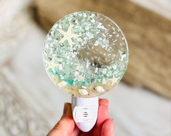 Coastal Resin Night Light: Light Aqua Beach Wave With Shells, Sand & Starfish - Choose Light Sensor Or Switch Base
