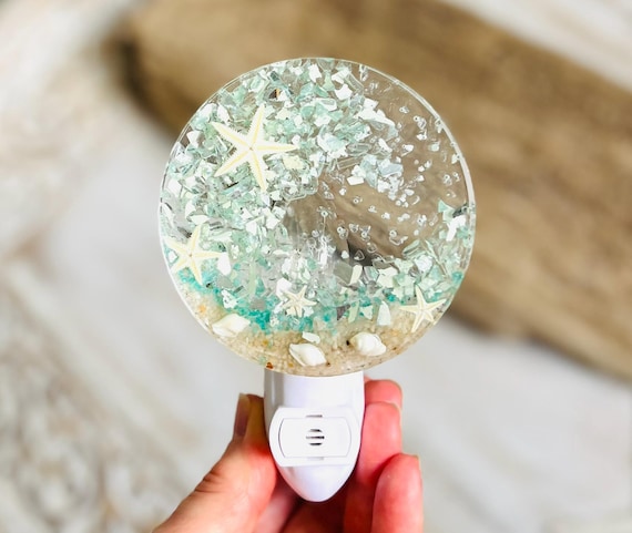 Coastal Resin Night Light: Light Aqua Beach Wave with Shells, Sand & Starfish