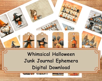 May include: A set of digital printable Halloween themed junk journal ephemera. The images include a witch, a gnome, a potion bottle, a house, and a spooky forest. The images are in a whimsical style with a vintage feel.