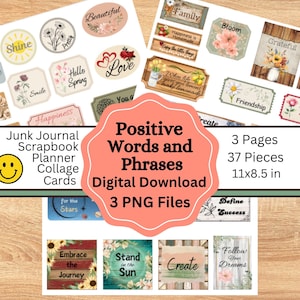 Positive words and phrases digital download, Printable Junk Journal words, Inspirational quotes
