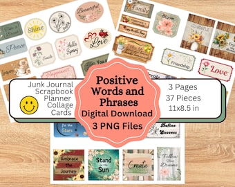 Positive words and phrases digital download, Printable Junk Journal words, Inspirational quotes