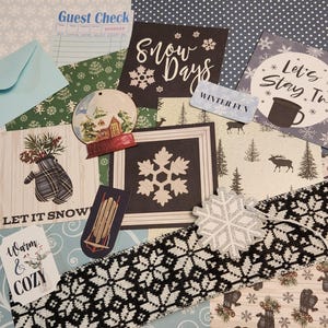 Winter wonderland junk journal mystery kit, winter scrapbook supplies, winter ephemera