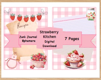 Strawberry Kitchen digital download, Recipe book embellishments, junk journal ephemera, strawberry kitchen art.