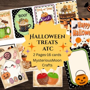 Halloween Treats ATC digital download, Printable Halloween ephemera, tags, journal cards