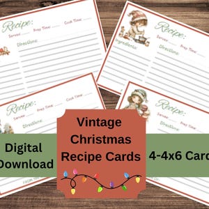 Vintage Christmas printable recipe cards for recipe book, cooking journal, holiday baking gifts, kitchen ephemera. Digital Download.
