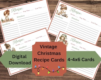 May include: Four printable vintage Christmas recipe cards featuring a cute cartoon girl in a red hat and a white dress. The cards are 4x6 inches and have a red border. The text on the cards says "Recipe:" and has spaces for the recipe name, serving size, prep time, cook time, ingredients, and directions.