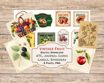 Vintage Fruit ATC, Journal Cards, Labels, Ephemera Digital Download.