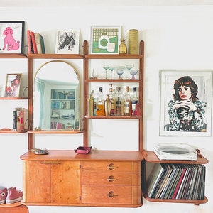 Mid Century Modern modular wall unit - wall mounted shelving & cabinet system w/ brass hanging rails- desk, record console, vinyl cabinet