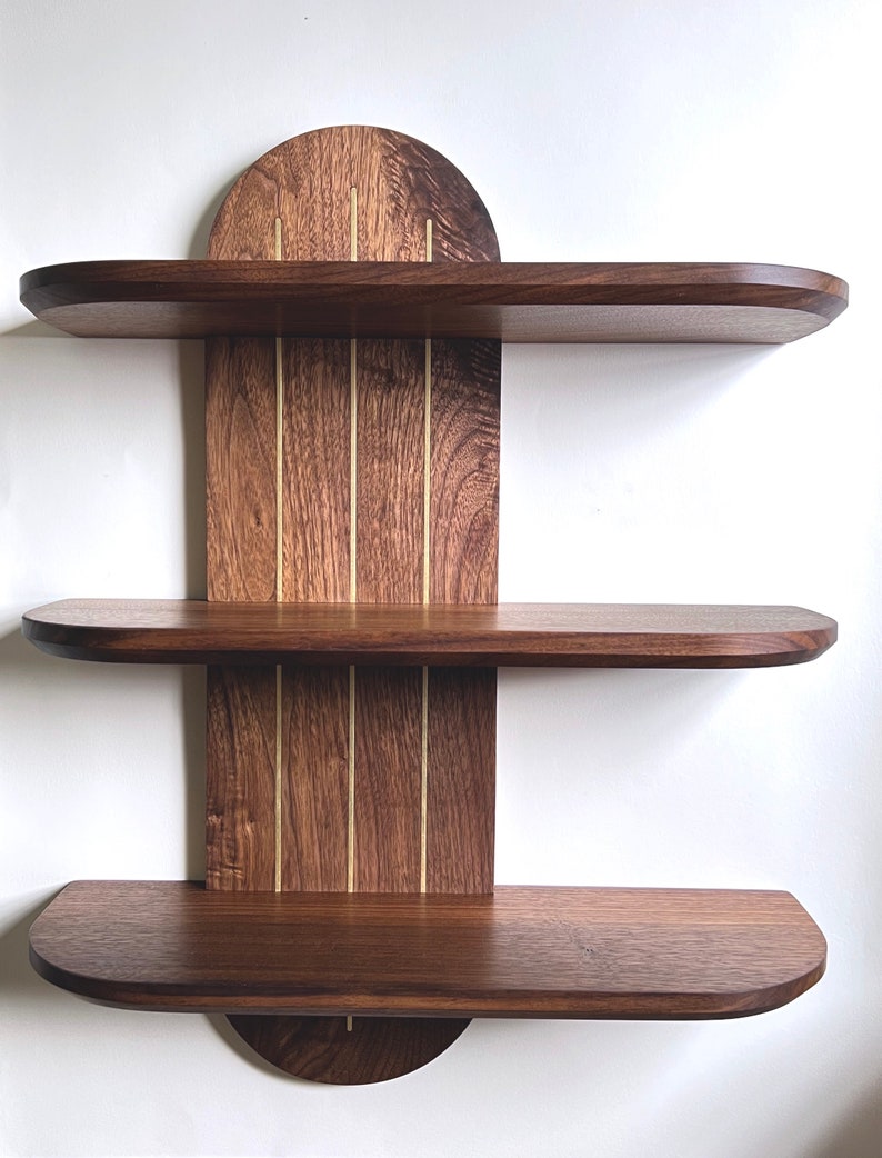 Draper Shelf Cherry Custom Mid Century Modern Wall-mounted Floating Shelving Unit w/ 3 shelves & brass inlay 4 solid wood options Walnut