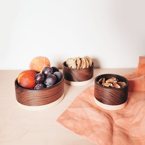 Nesting set of 3 wood bowls - Mid Century Modern two-tone Walnut & Maple bowls- matching set - catchall, desk/vanity counter top organizer