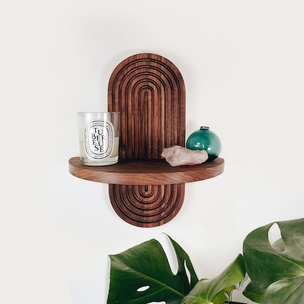 Archer Mini - Walnut - Mid Century Modern Wall-Mounted Shelf - Boho & Art Deco floating shelf for vanity, plants, catchall - 4 Wood Options