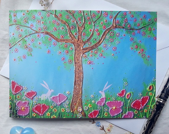 Spring Blossom Card - White Hare card - Mystical Spring - Poppies