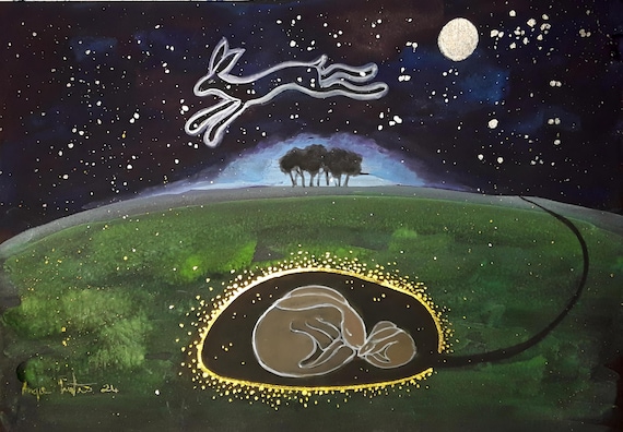 Mystical Print, Sleeping Hares, Burrow, White Hare, Mystical Hares, Mystical Print