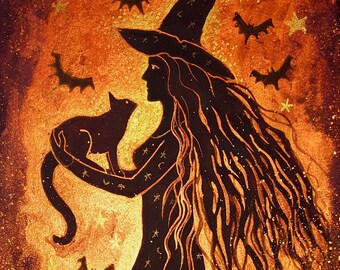 Witch Print, Samhain, Halloween, Witch and Cat, Witch and Familiar, Halloween Print