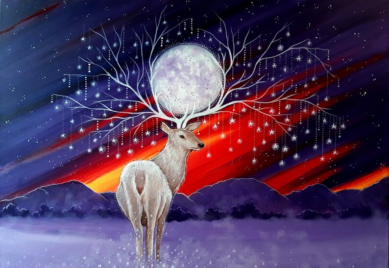 May include: An original painting of a white deer with large antlers that resemble a tree. The antlers support a full moon and hanging stars. The background features a colorful sunset over a mountain range.