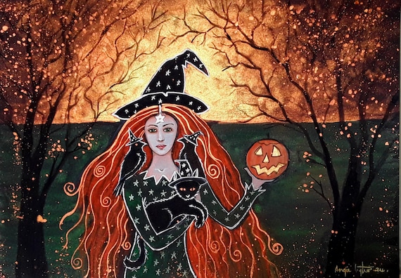 Samhain, Halloween, Witch Print, Black Cat, Pumpkin, Halloween Print