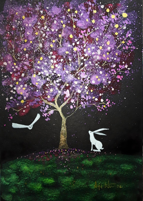 Blossom Tree, Sprint Tree, White Hare, White Owl, Mystical Print