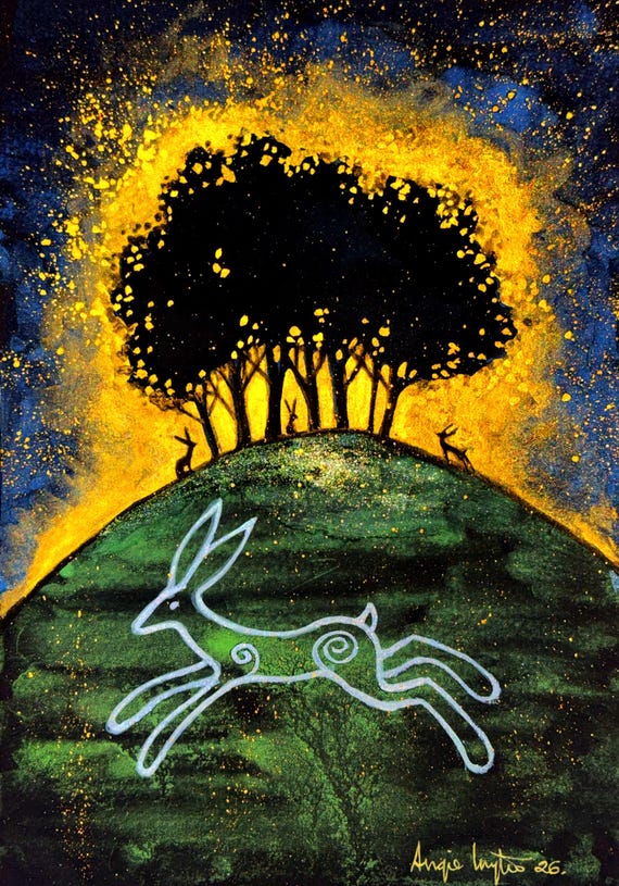 The Chalk Hare, A4 Print, Mystical Art, White Hare