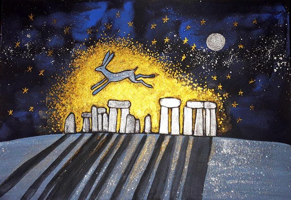 White Hare, Stonehenge, Mystical Hare, Pagan, Druid, Mystical Print