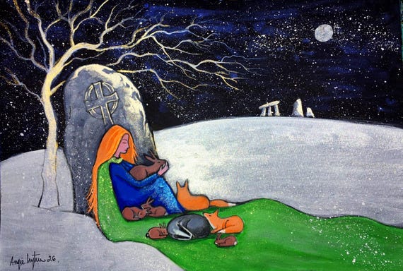 Sheltering, Original Painting, Mystical Art, Standing Stones, Fox, Badger, Rabbit, Hare