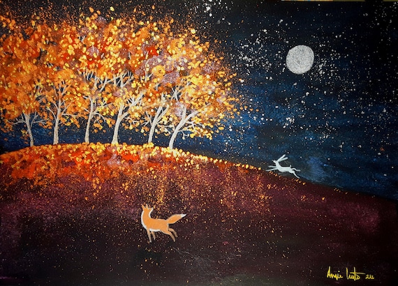 Autumn Print, Fox Print, Fall Art, Autumn Trees, White Hare, Mystical Autumn