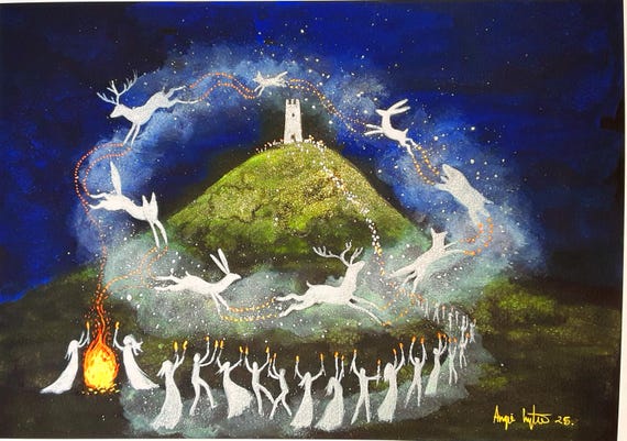 Avalon Solstice Spirits, Giclee Print, A4 Print, Glastonbury Tor