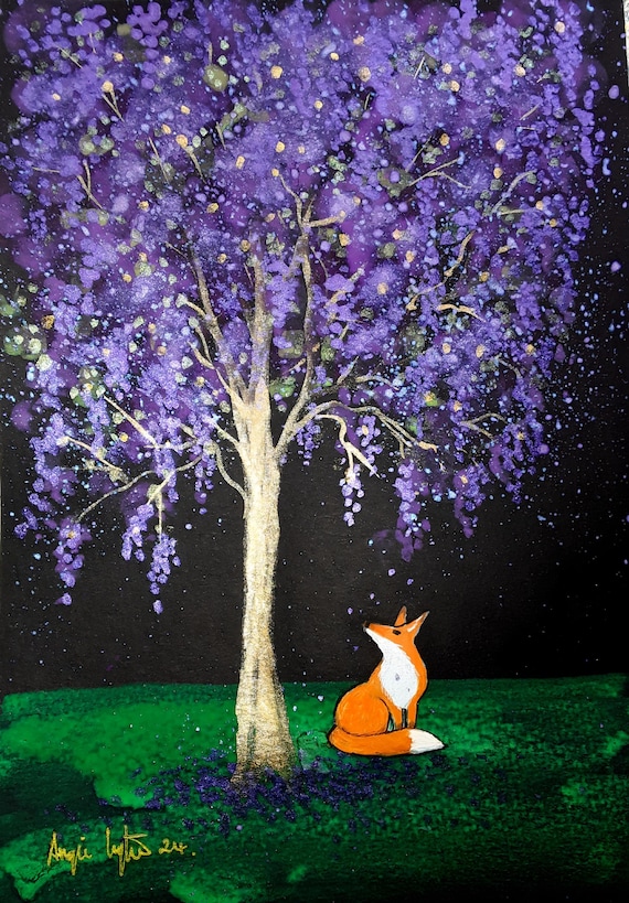 Lilac Tree, Fox Print, Spring Art, Fox and Lilac Tree, A5 Print