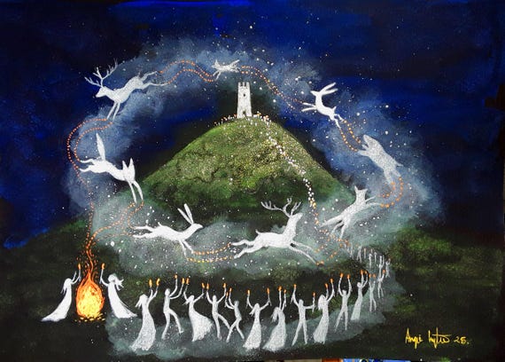 Avalon Solstice Spirits, A4 Print, Summer Solstice, Glastonbury Tor, Pagan, Druid
