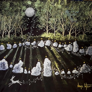 May include: A watercolour painting depicting a moonlit woodland scene with a circle of stones in the centre. The stones are white and the woodland is dark green. There are small gold stars scattered throughout the painting. A white rabbit is in the bottom left corner of the painting.