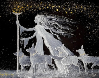 Large A3 Print, Wolf Goddess, Goddess Print, Wolf Art, Mystical Print
