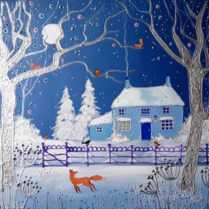 Winter Art - Winter Print - Winter Fox - Snowy Cottage - Winter Cottage