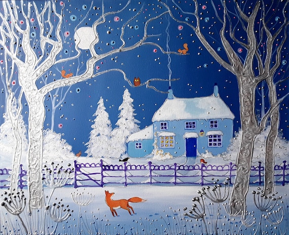 Winter Art - Winter Print - Winter Fox - Snowy Cottage - Winter Cottage