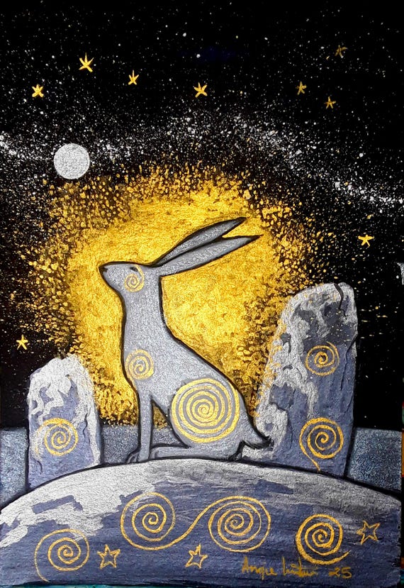 White Hare, Mystical Hare, Hare Print, Standing Stones, Pagan