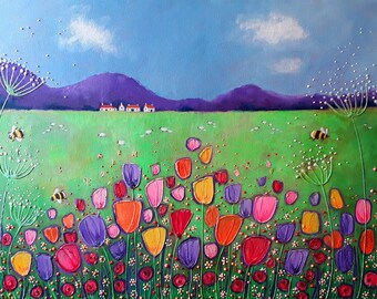 Spring Art - Spring Print - Tulip Art - Colourful Tulips - Spring Landscape - Spring Flowers