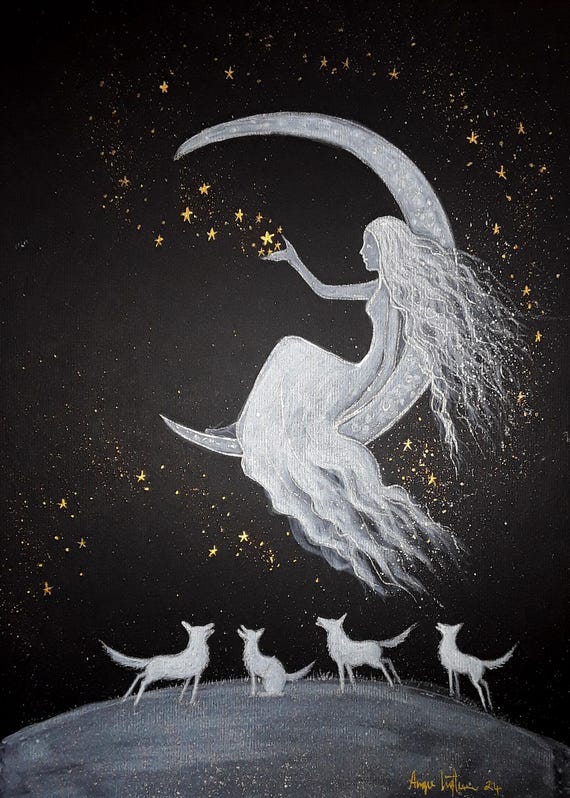 Moon Goddess, Wolves, Wolf Moon, Wolf Goddess, Goddess Print, Goddess Art