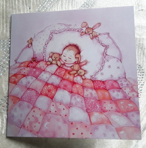 Baby Girl Card - Birth Congrats Card - Baby Girl - Sleeping Baby - New Arrival Card