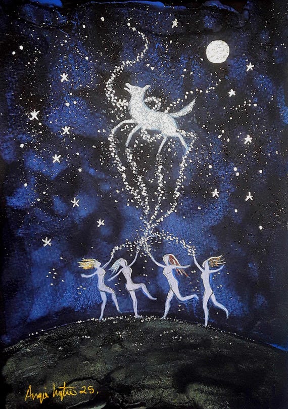 Summoning the Wolf Spirit, wolf totem, mystical print, dancing women,