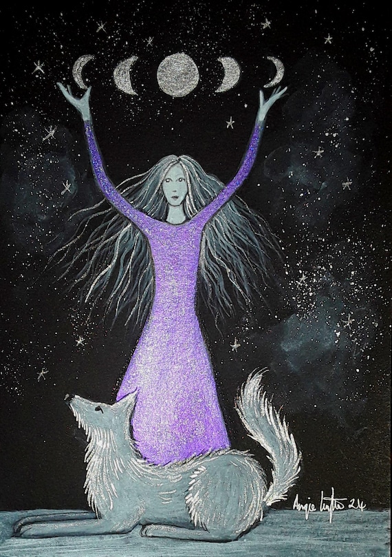 Goddess Print, Moon Goddess, Wolf Goddess, Pagan, Wiccan, Mystical Print