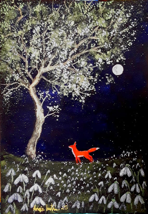 The Snowdrop Moon print, Fox print, Spring, Snowdrops