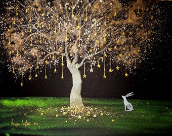Golden Star Tree, Mystical Print, White Hare, Sparkling Tree, Tree with Stars
