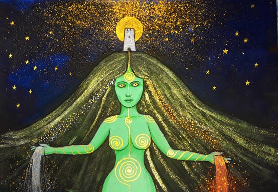 Avalon Goddess protector of the Red and White Springs, Avalon, Glastonbury Tor, A4 Print, Goddess Art, Pagan, Druid