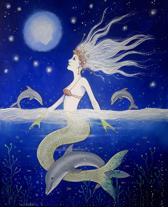 Mermaid - Sea Goddess - Mermaid and Dolphin - Mermaid and Moon original Painting - Mystical - Pagan - Wiccan